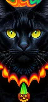 Psychedelic black cat with yellow eyes and colorful background.