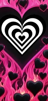 Psychedelic wallpaper with hearts and flames.