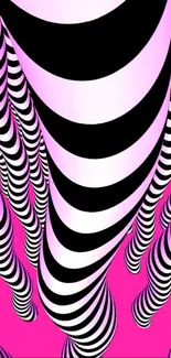 Hypnotic pink and black striped wallpaper with optical illusion effect.