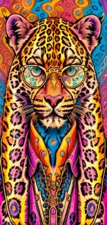 Psychedelic leopard in glasses with vibrant patterns.