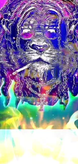 Psychedelic lion with neon colors and vibrant design in digital wallpaper.