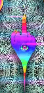 Psychedelic mandala art with colorful hand and eye design.