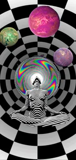 A meditative figure with zebra stripes amidst colorful planets and psychedelic patterns.