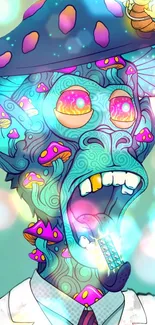 Psychedelic monkey with neon colors, mushrooms, and vibrant art design.