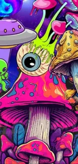 Colorful psychedelic scene with mushrooms and alien.