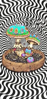 Psychedelic mushroom art with optical illusion background in black and white.