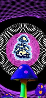 Psychedelic purple mushroom art wallpaper with abstract patterns.