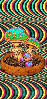 Psychedelic mushroom art with colorful waves creating an optical illusion.