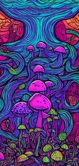 Psychedelic mushroom art with vibrant neon colors and intricate patterns.