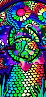 Vibrant psychedelic mushroom art with multicolor design for phone wallpaper.