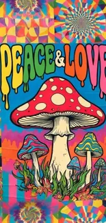 Psychedelic wallpaper with mushrooms and 'Peace & Love' text