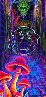 Vibrant psychedelic mushroom wallpaper with neon colors and abstract design.