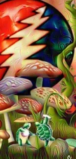 Psychedelic mushroom and moon scene with vibrant colors and creative design.