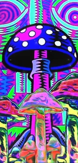 Vibrant psychedelic mushroom art with neon colors and abstract patterns.