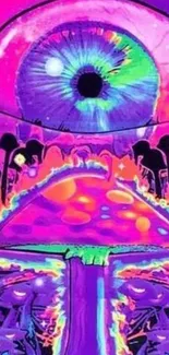 Psychedelic mushroom and eye art wallpaper in vibrant magenta and purple hues.