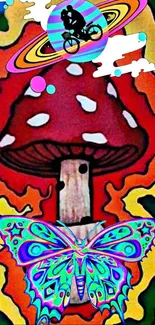 Psychedelic mushroom with vibrant colors and butterfly illustration.