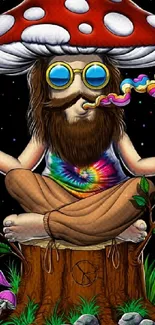 Psychedelic art of a hippie meditating under a mushroom.
