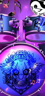 Colorful clown and drum art with musical notes in vibrant purple hues.