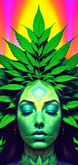 Vibrant psychedelic art with cannabis leaf crown on serene face.