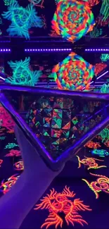 Psychedelic neon geometric art wallpaper with vibrant colors.