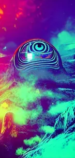 Neon abstract mountain with vibrant colors and psychedelic patterns.