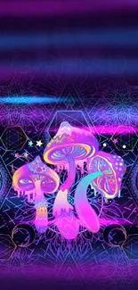 Psychedelic neon mushrooms with geometric patterns on a dark background.