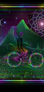 Psychedelic neon art with bicycle rider and cosmic mountain.