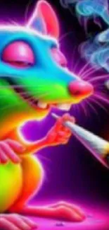 Psychedelic neon rat with colorful smoke art background.