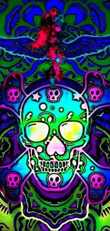 Psychedelic neon skull artwork with vibrant colors and intricate designs.