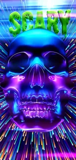 Neon psychedelic skull art with vibrant light bursts.