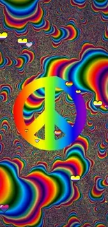 Psychedelic wallpaper with colorful peace sign and vibrant patterns.