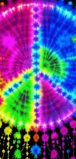 Neon psychedelic peace sign wallpaper with vibrant colors and tie-dye pattern.