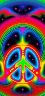 Psychedelic peace symbol with vibrant neon swirls and colors.