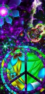 Colorful psychedelic peace symbol with guitar and flowers.