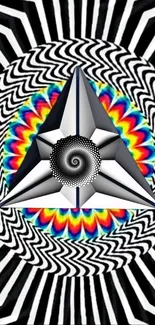 Psychedelic geometric prism with vibrant curved patterns.