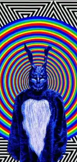 Psychedelic rabbit with rainbow swirl background.