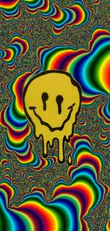 Psychedelic rainbow wallpaper with a melting smiley face.