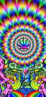 Psychedelic rainbow spiral wallpaper with vibrant colors and trippy patterns.