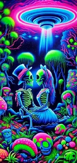 Neon art with skeletons and UFO in a vibrant forest.