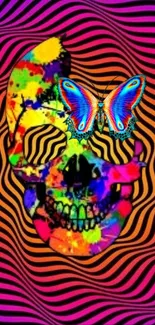 Colorful skull and butterfly with psychedelic background.