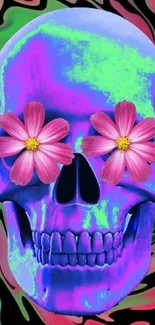 Psychedelic skull art wallpaper with neon colors and floral accents.