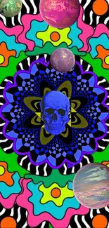 Psychedelic mandala wallpaper with skull and planets.