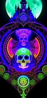 Psychedelic neon skull artwork with moonlit castle.