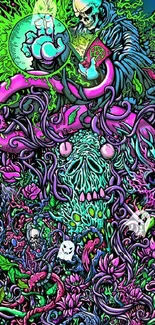 A vibrant psychedelic skull art wallpaper with neon colors and intricate designs.