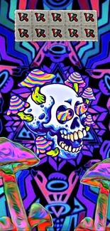 Psychedelic skull artwork with vibrant colors and mushrooms.