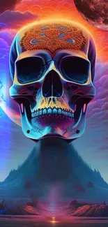 Psychedelic skull with vibrant colors in surreal landscape wallpaper.