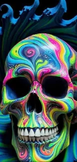 Vibrant psychedelic skull design on phone wallpaper.