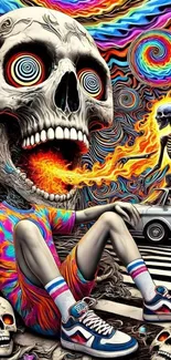 Psychedelic skull art with swirling colors and flames.
