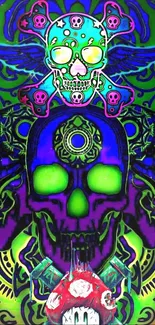 Psychedelic skull art with neon green and blue hues, vibrant and bold design.