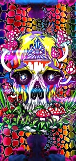 Psychedelic skull wallpaper with vibrant, colorful abstract patterns.